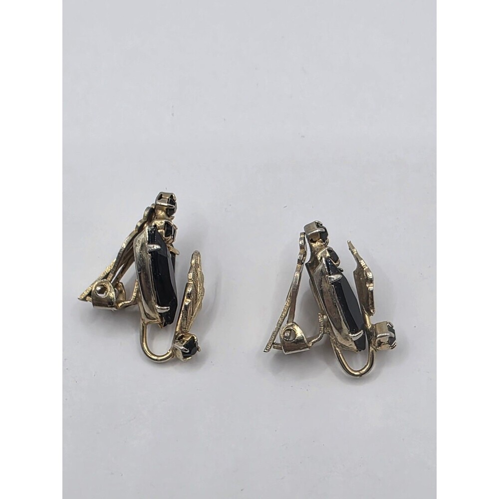 Black & Goldtone Leaf Rhinestones Clip-On Earrings Vintage 1" - Picture 2 of 5